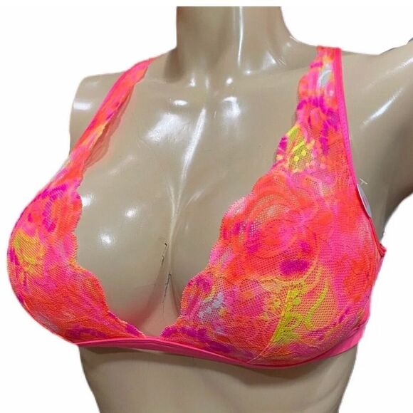 Victoria’s Secret Pink Unlined Plunge Lace Bralette Bra Coral Multicolor Small - Picture 2 of 8